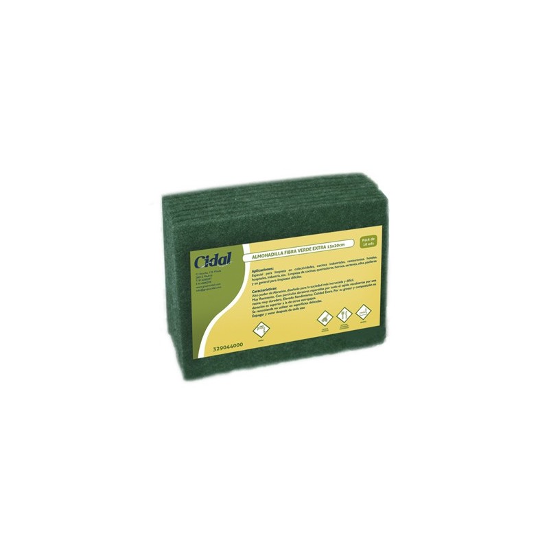 00411 Estropajo Fibra Verde Extra. 15 x 20 cm.  Pack-10 Cidal